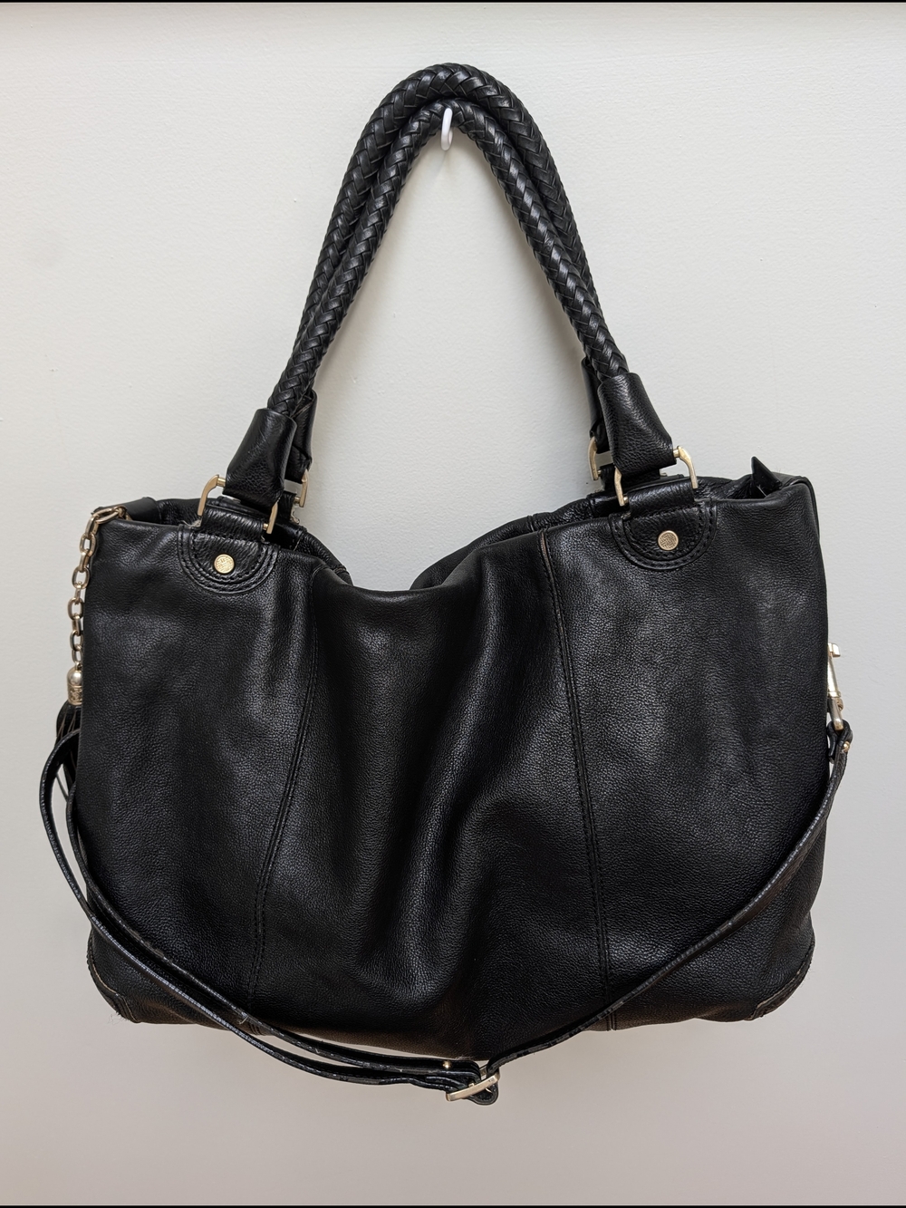 Cole Haan Large Black Leather Slouchy Shoulder Bag Braided Handles Tassel